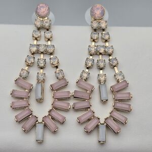 ✨2/$10✨Gold-Tone Art Deco Pink & White Rhinestone Dangle Earrings Vintage Style